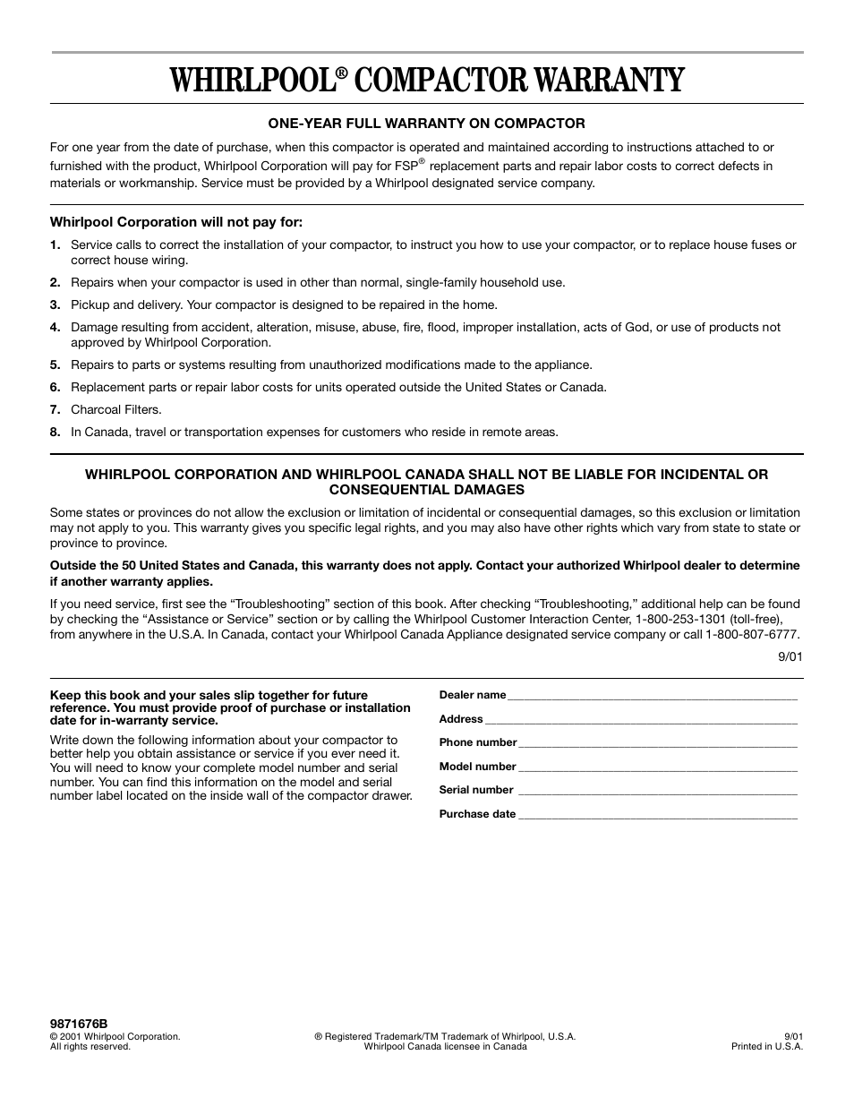 Warranty, Whirlpool, Compactor warranty | Whirlpool Compactor User Manual | Page 16 / 16