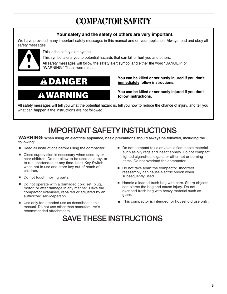 Compactor safety, Important safety instructions, Save these instructions | Warning | Whirlpool Compactor User Manual | Page 3 / 16