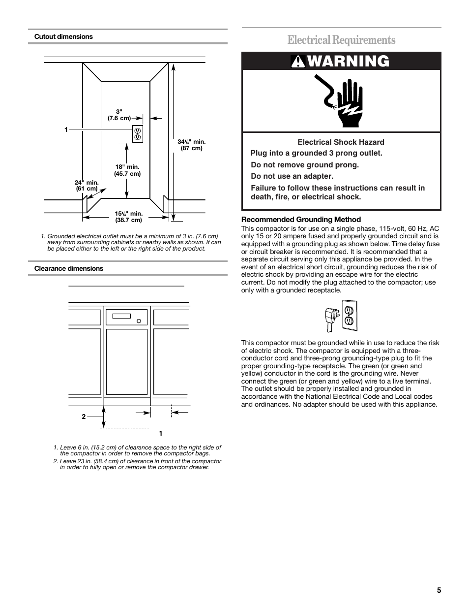 Electrical requirements, Warning | Whirlpool Compactor User Manual | Page 5 / 16
