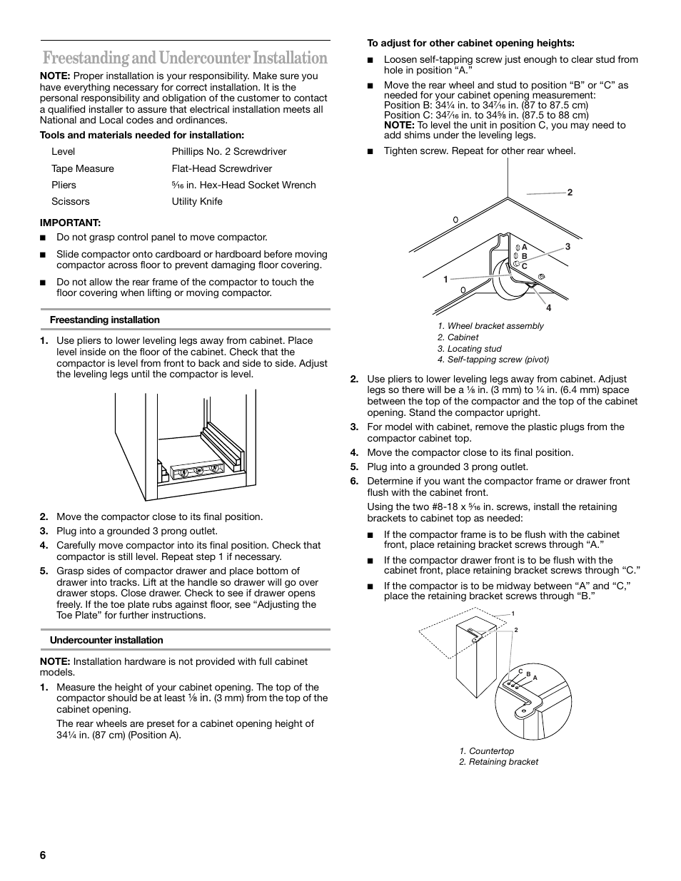 Freestanding and undercounter installation | Whirlpool Compactor User Manual | Page 6 / 16