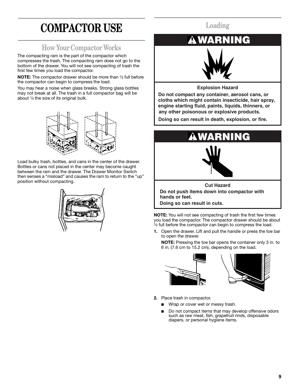Compactor use, Warning, How your compactor works | Loading | Whirlpool Compactor User Manual | Page 9 / 16