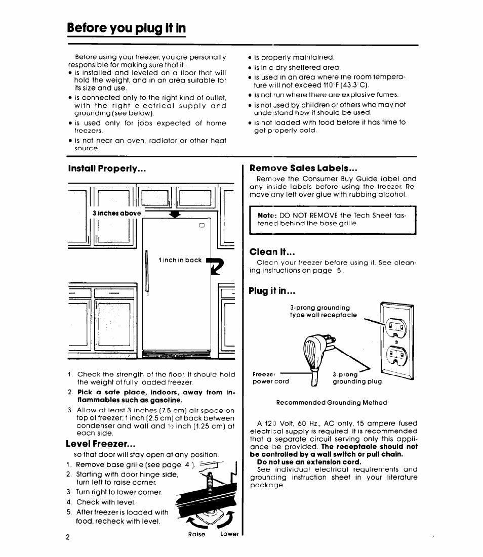 Before you plug it in, Install properly, Level freezer | Remove sales labels, Clean it, Plug it in | Whirlpool EV160EXK User Manual | Page 2 / 8