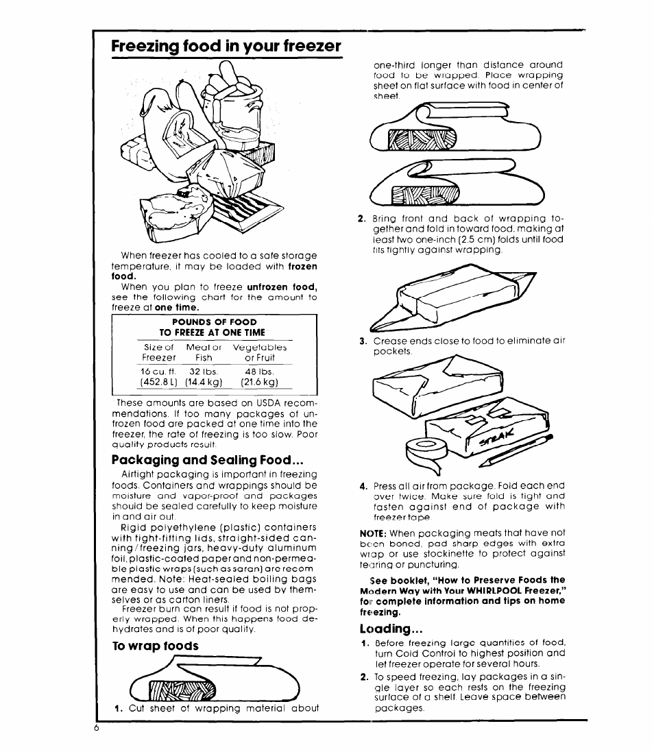 Packaging and sealing food, To wrap foods, Loading | Freezing food in your freezer | Whirlpool EV160EXK User Manual | Page 6 / 8