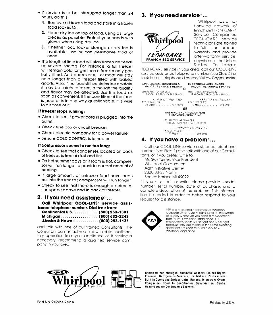 Whiflpi^l, Whirwol, If you need assistance | If you need service, If you have a probiem | Whirlpool EV160EXK User Manual | Page 8 / 8