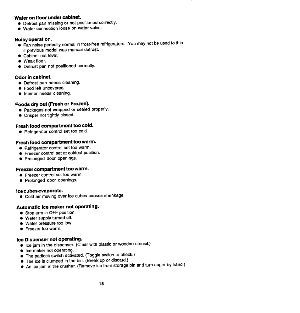 Water on floor under cabinet, Noisy operation, Odor in cabinet | Fresh food compartment too cold, Fresh food compartment too warm, Freezer compartment too warm, Ice cubes evaporate, Automatic ice maker not operating, Ice dispenser not operating | Whirlpool Blue Creek JRSD209A User Manual | Page 18 / 19