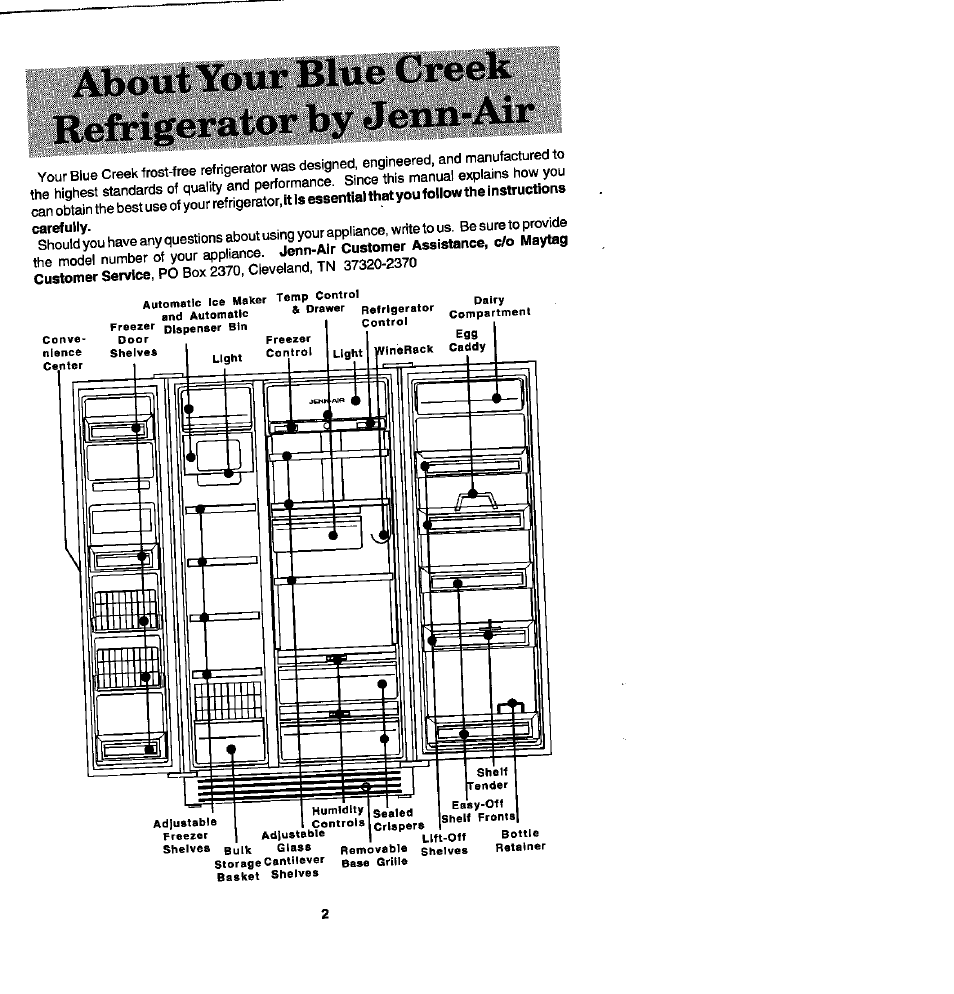 Aboutyour blue creek, Refrigerator by jenn-air, Aboutyour blue | Creek | Whirlpool Blue Creek JRSD209A User Manual | Page 2 / 19