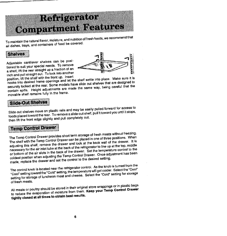 Refrigerator compartment features, Temp control drawr | Whirlpool Blue Creek JRSD209A User Manual | Page 6 / 19