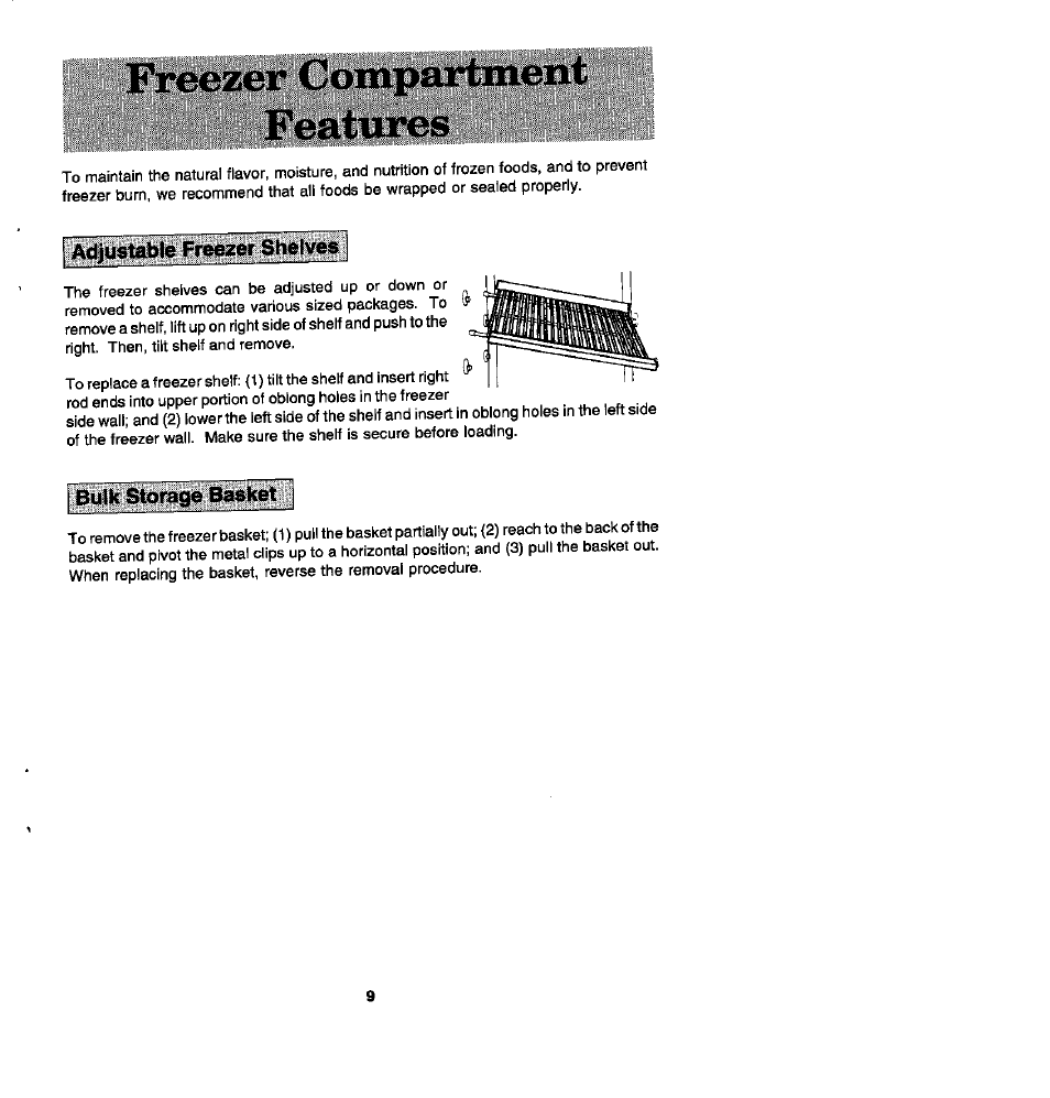 Freezer compartment features, Adjustable freezer shelves | Whirlpool Blue Creek JRSD209A User Manual | Page 9 / 19