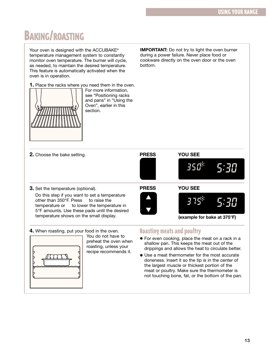 Baking/roasting, Aking, Roasting | Roasting meats and poultry, Using your range | Whirlpool SF385PEG User Manual | Page 13 / 33