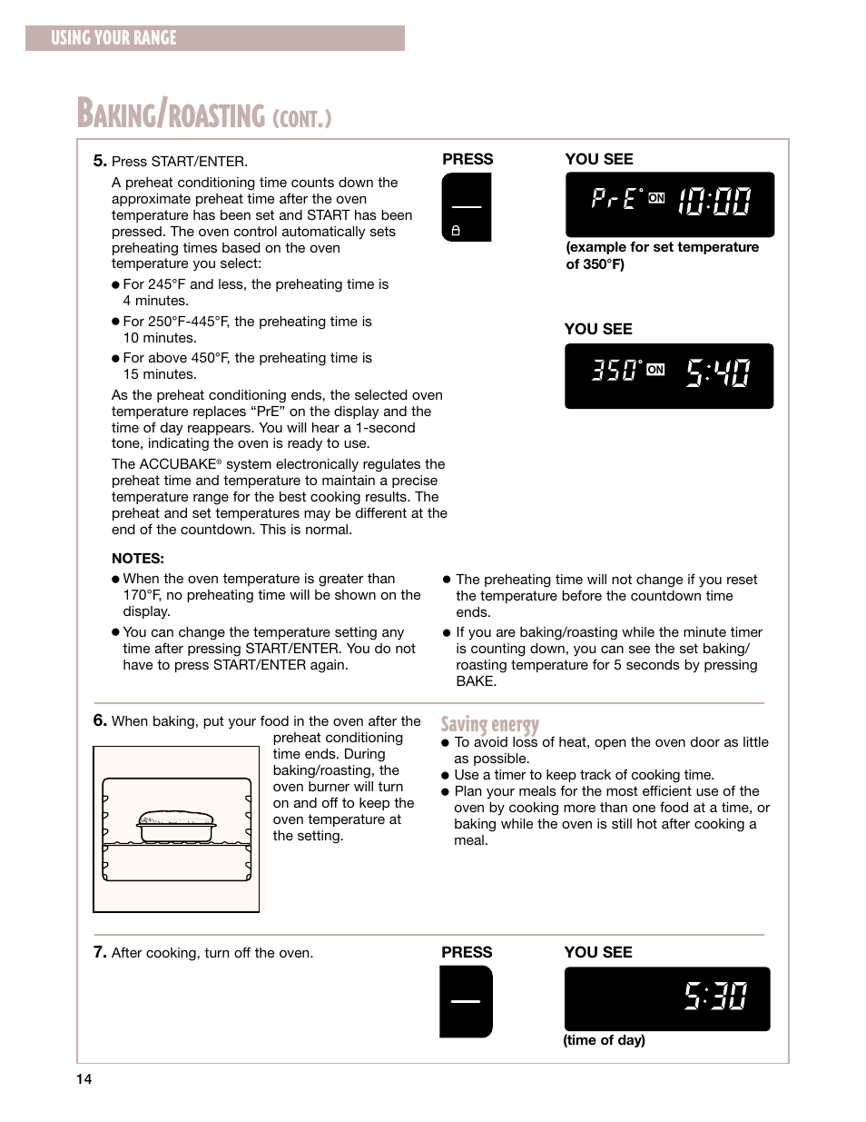 Aking, Roasting, Cont | Saving energy, Using your range | Whirlpool SF385PEG User Manual | Page 14 / 33