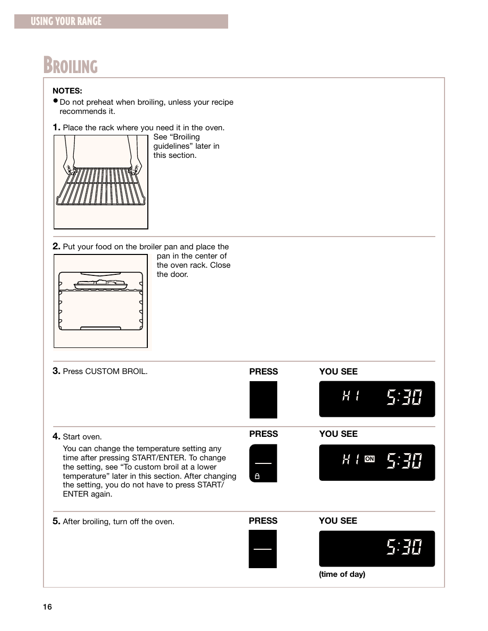 Broiling, Roiling, Using your range | Whirlpool SF385PEG User Manual | Page 16 / 33