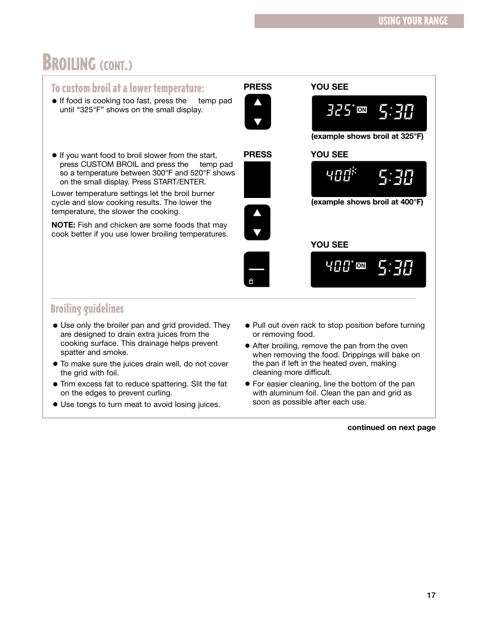 Roiling, Cont, Using your range | Whirlpool SF385PEG User Manual | Page 17 / 33