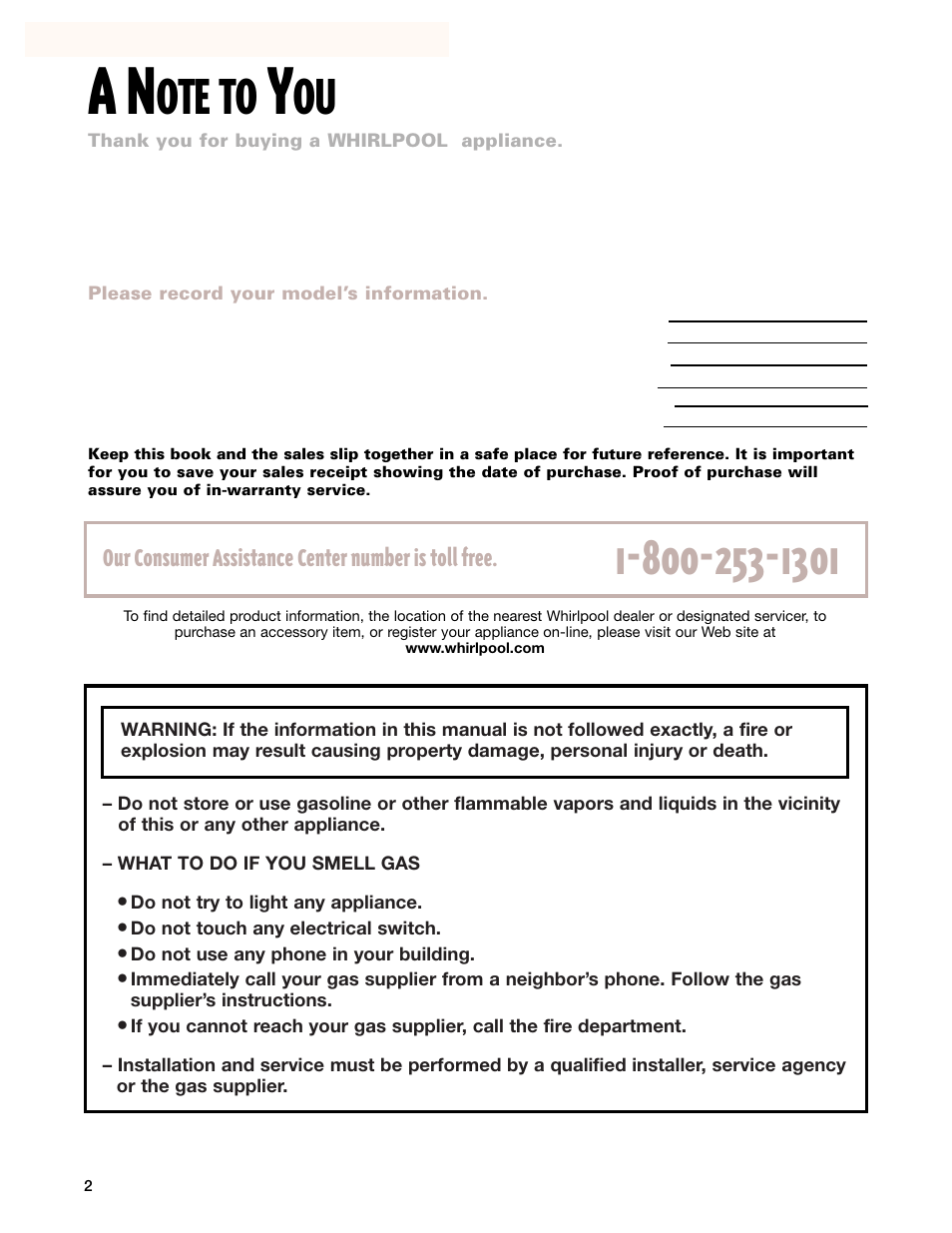 A note to you, Ote to, Our consumer assistance center number is toll free | Whirlpool SF385PEG User Manual | Page 2 / 33
