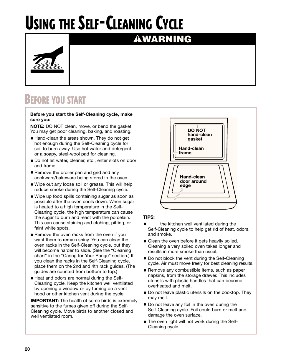 Using the self-cleaning cycle, Sing the, Leaning | Ycle, Efore you start, Wwarning | Whirlpool SF385PEG User Manual | Page 20 / 33