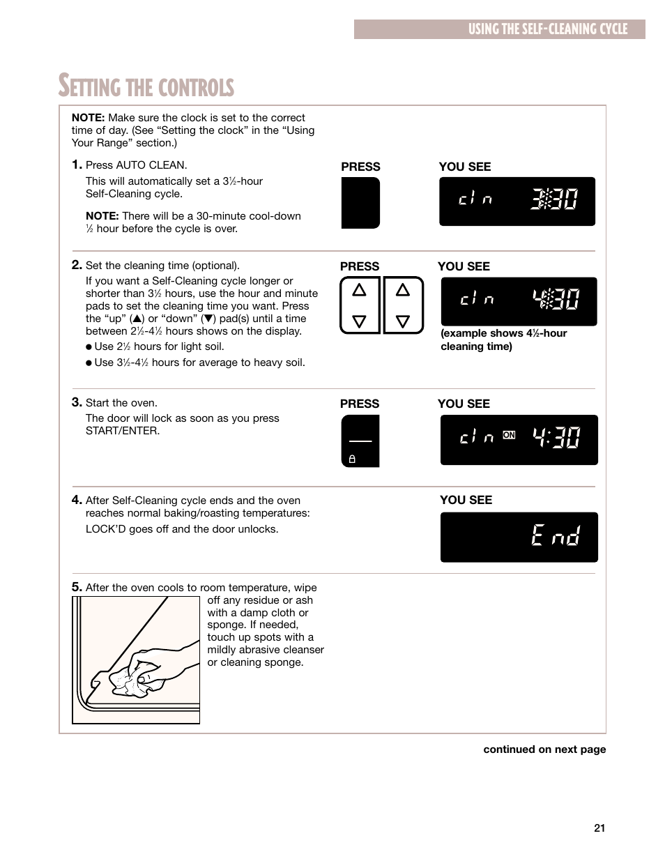 Etting the controls, Using the self-cleaning cycle | Whirlpool SF385PEG User Manual | Page 21 / 33
