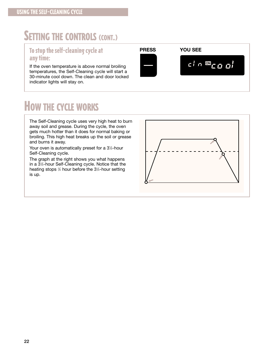 Etting the controls, Ow the cycle works, Cont | Using the self-cleaning cycle | Whirlpool SF385PEG User Manual | Page 22 / 33