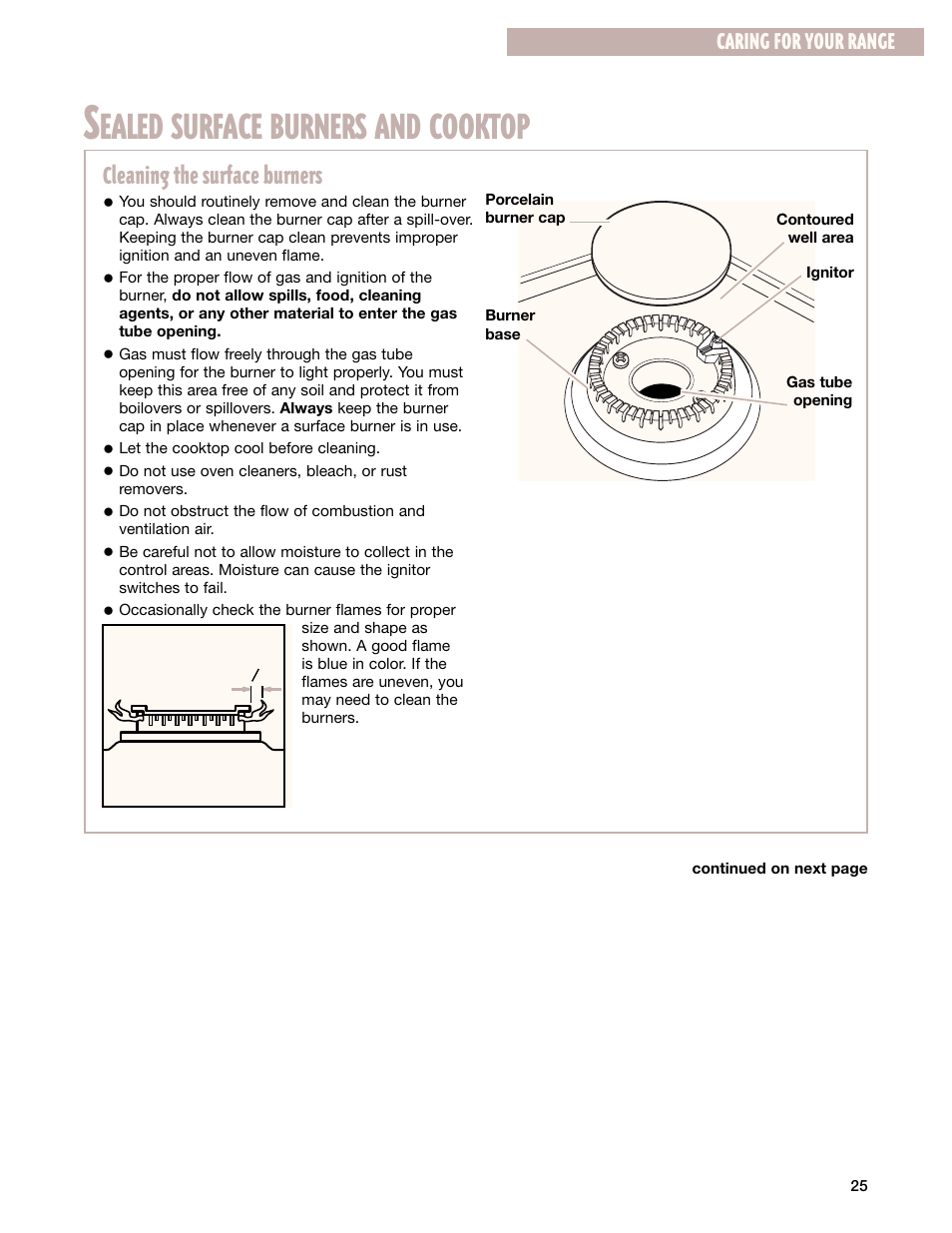 Sealed surface burners and cooktop, Ealed surface burners and cooktop, Cleaning the surface burners | Caring for your range | Whirlpool SF385PEG User Manual | Page 25 / 33