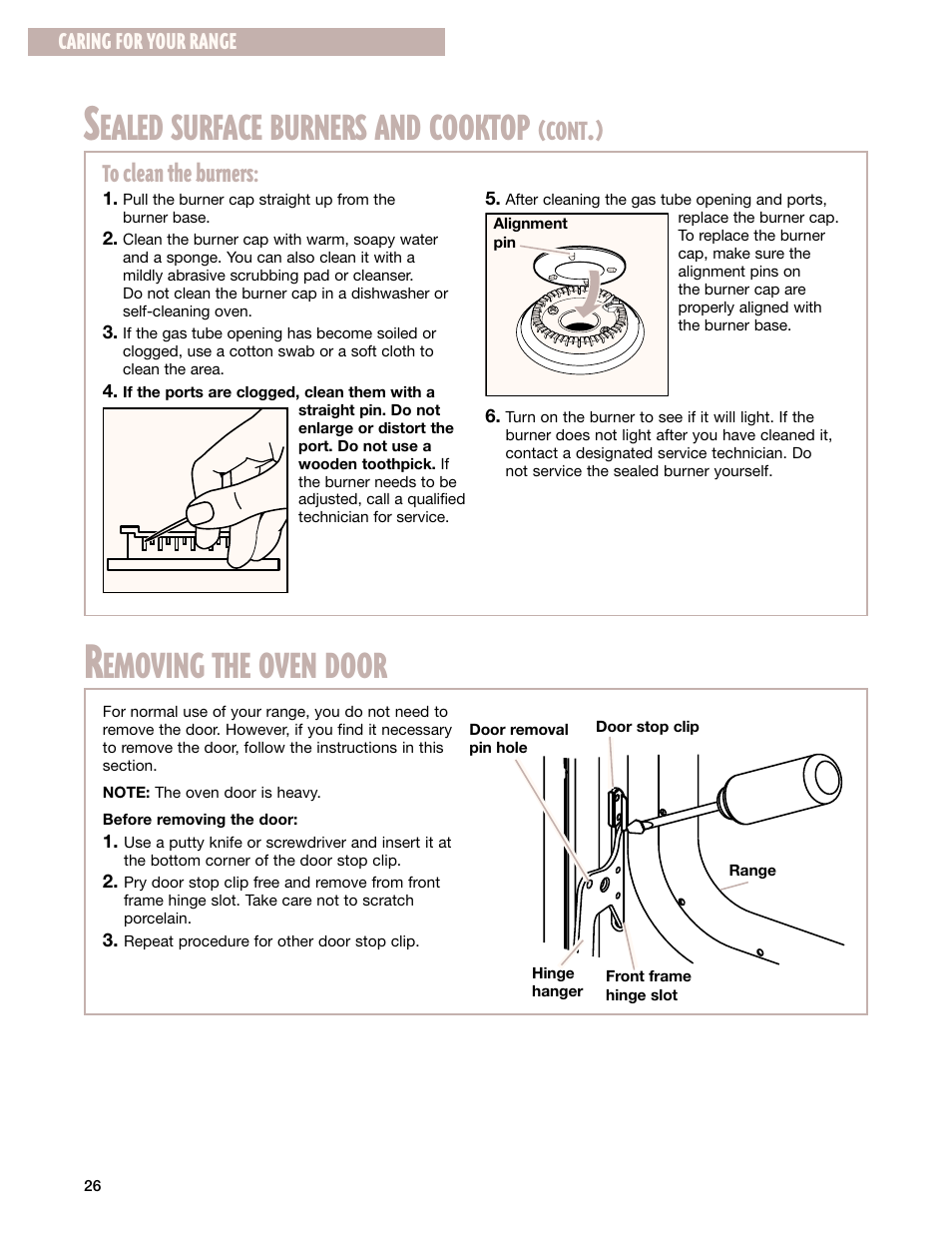 Removing the oven door, Ealed surface burners and cooktop, Emoving the oven door | Cont, Caring for your range | Whirlpool SF385PEG User Manual | Page 26 / 33