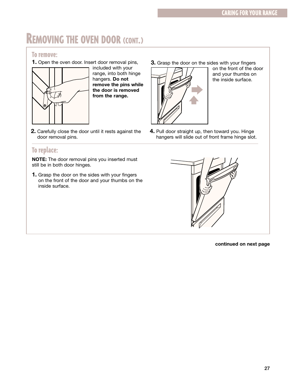 Emoving the oven door, Cont | Whirlpool SF385PEG User Manual | Page 27 / 33