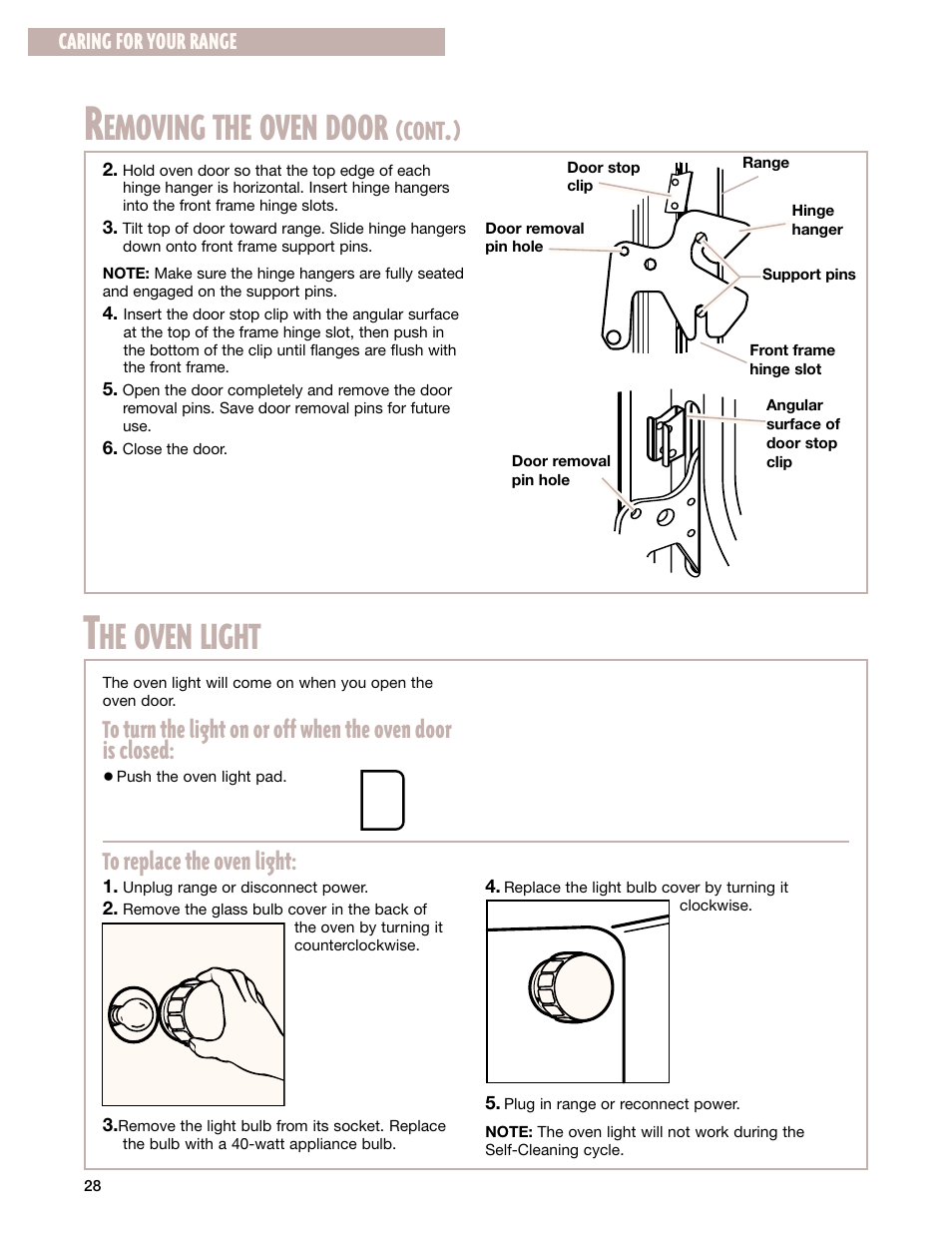 The oven light, He oven light, Emoving the oven door | Cont, Caring for your range | Whirlpool SF385PEG User Manual | Page 28 / 33