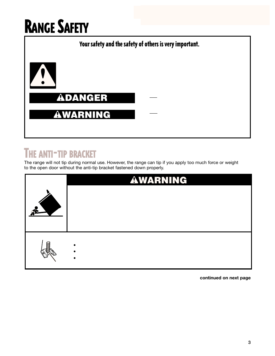 Safety, Ange, Afety | He anti, Tip bracket, Wdanger w warning, Wwarning | Whirlpool SF385PEG User Manual | Page 3 / 33