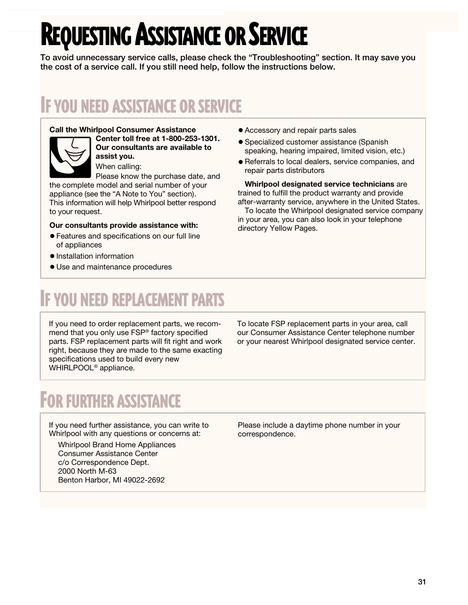 Requesting assistance or service, Equesting, Ssistance | Ervice, Need, Assistance, Service, Replacement, Parts, Further | Whirlpool SF385PEG User Manual | Page 31 / 33