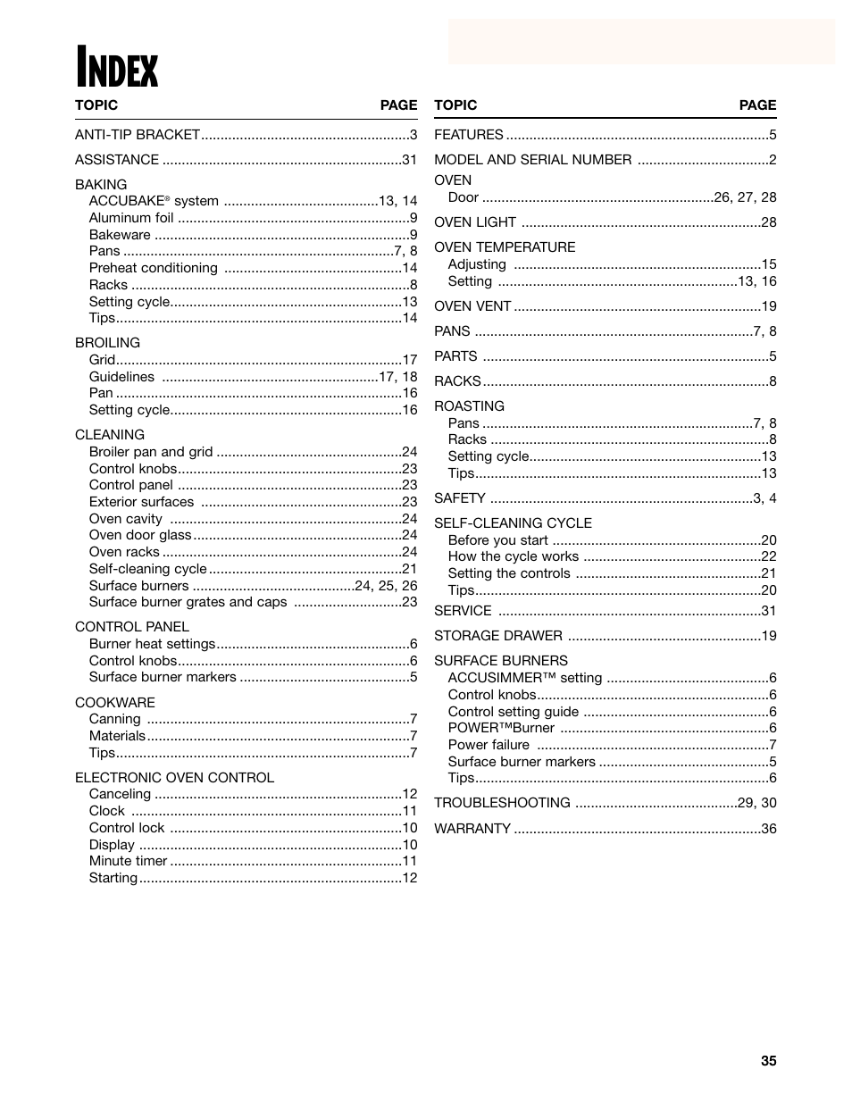 Index, Ndex | Whirlpool SF385PEG User Manual | Page 32 / 33