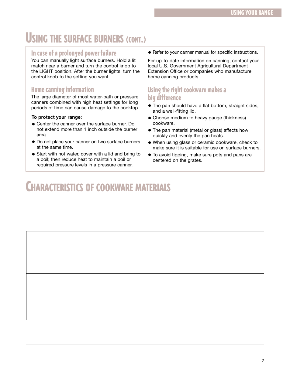 Characteristics of cookware materials, Sing the surface burners, Haracteristics of cookware materials | Cont, Home canning information, Using the right cookware makes a big difference, Using your range | Whirlpool SF385PEG User Manual | Page 7 / 33