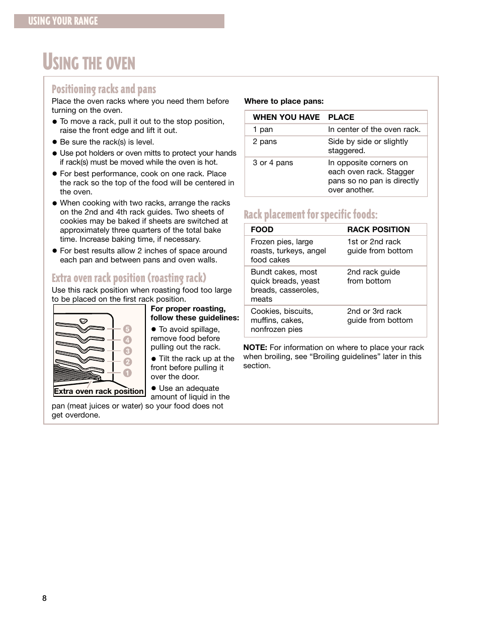 Using the oven, Sing the oven, Positioning racks and pans | Extra oven rack position (roasting rack), Rack placement for specific foods, Using your range | Whirlpool SF385PEG User Manual | Page 8 / 33