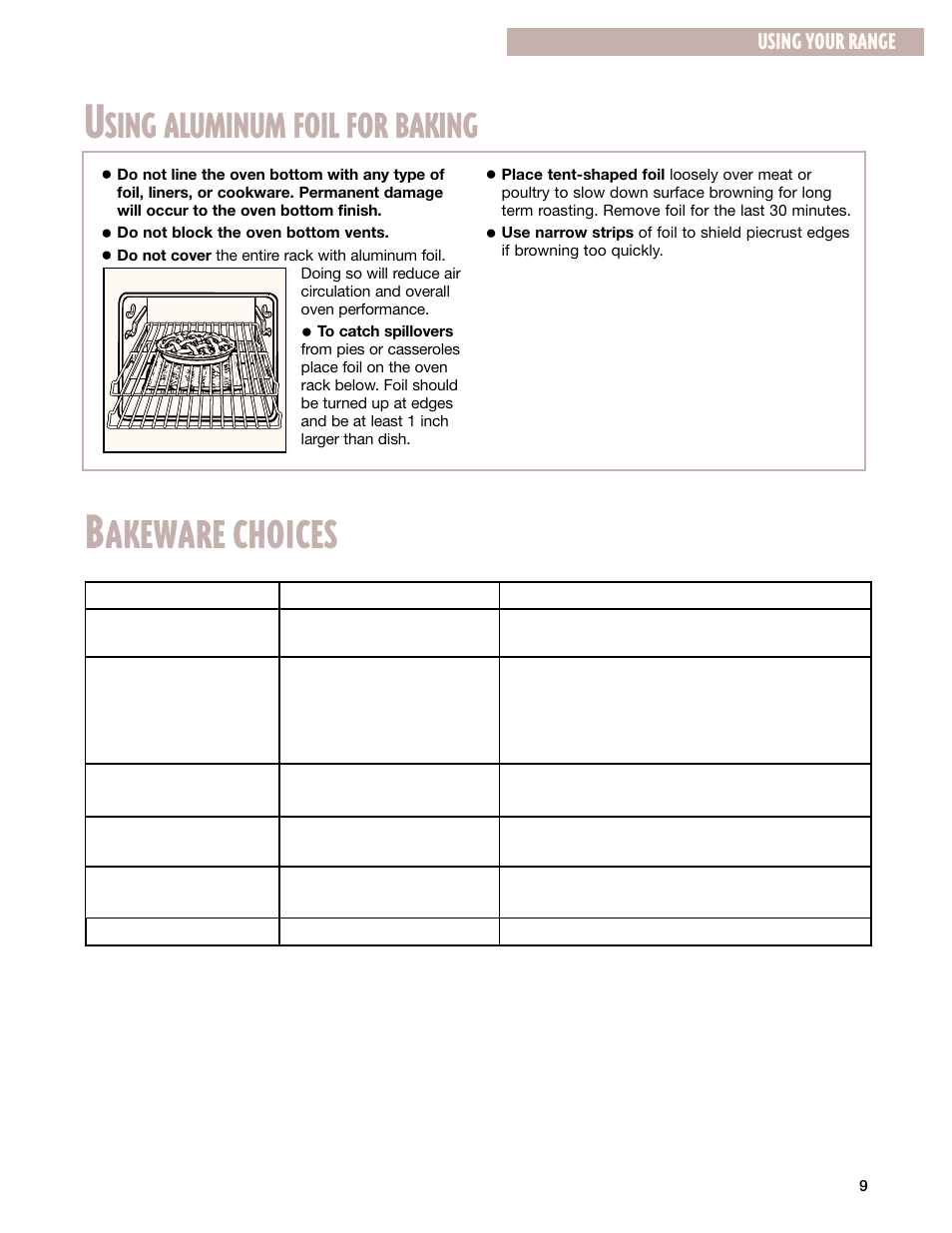 Using aluminum foil for baking, Bakeware choices, Akeware choices | Sing aluminum foil for baking, Using your range | Whirlpool SF385PEG User Manual | Page 9 / 33