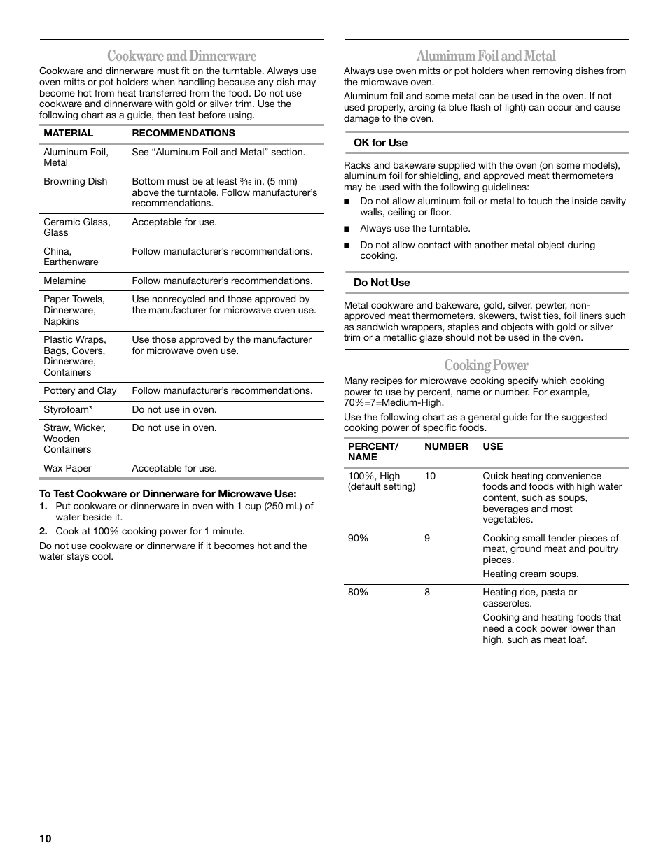 Cookware and dinnerware, Aluminum foil and metal, Cooking power | Whirlpool GH5184XP User Manual | Page 10 / 20