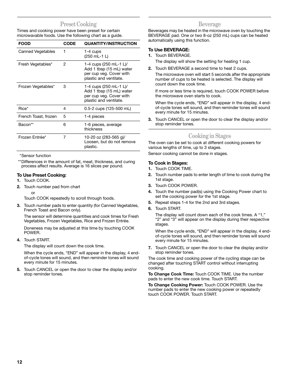 Preset cooking, Beverage, Cooking in stages | Whirlpool GH5184XP User Manual | Page 12 / 20