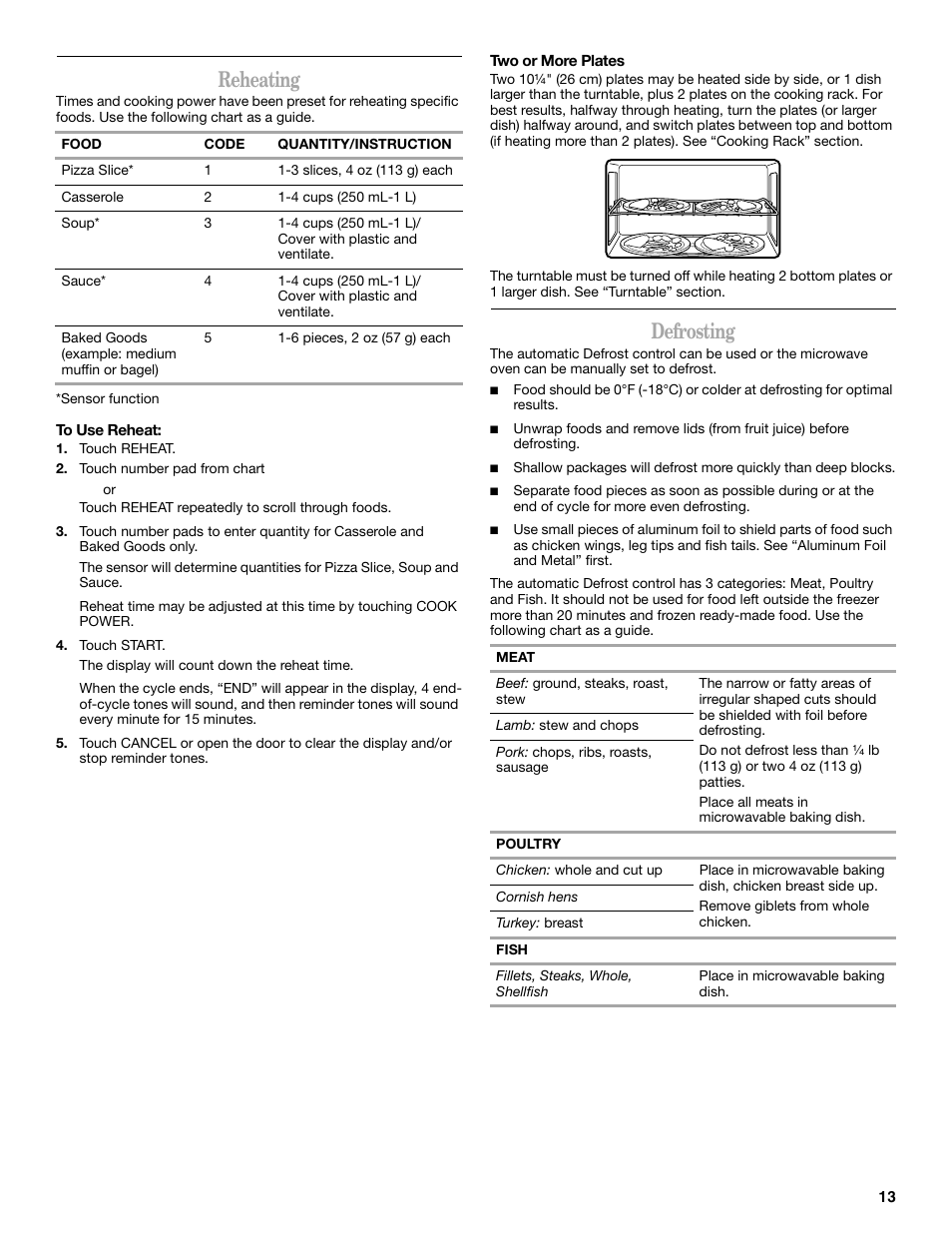 Reheating, Defrosting | Whirlpool GH5184XP User Manual | Page 13 / 20