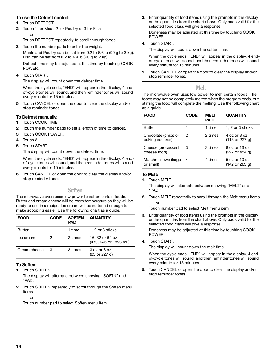 Soften, Melt | Whirlpool GH5184XP User Manual | Page 14 / 20