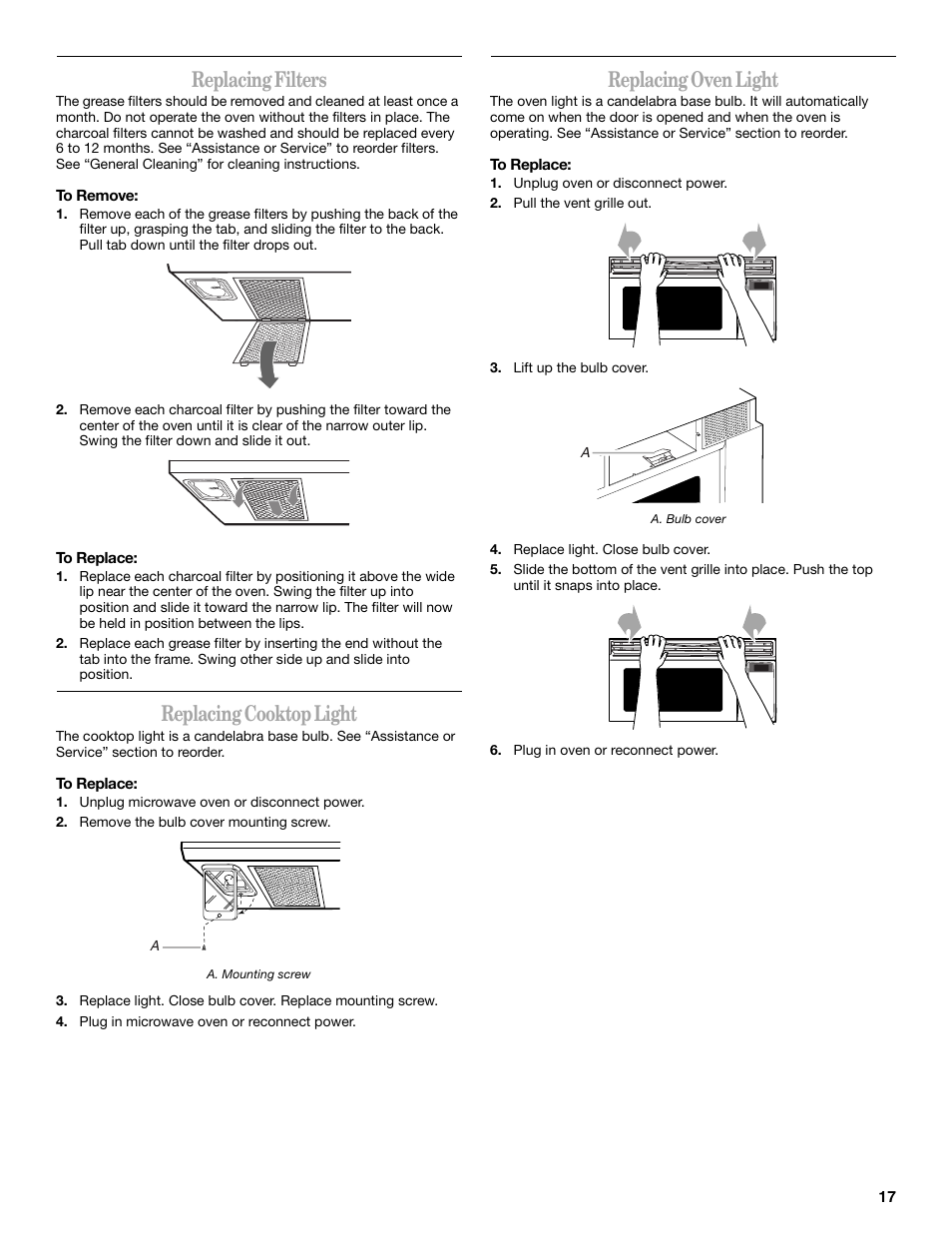 Replacing filters, Replacing cooktop light, Replacing oven light | Whirlpool GH5184XP User Manual | Page 17 / 20