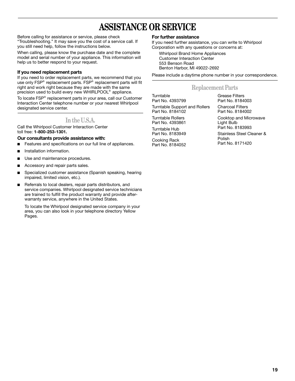 Assistance or service, Replacement parts | Whirlpool GH5184XP User Manual | Page 19 / 20