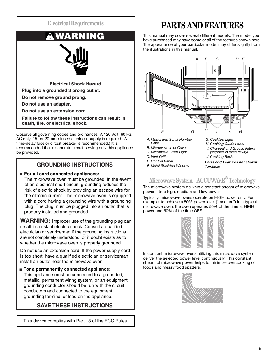Parts and features, Warning, Electrical requirements | Microwave system – accuwave, Technology | Whirlpool GH5184XP User Manual | Page 5 / 20
