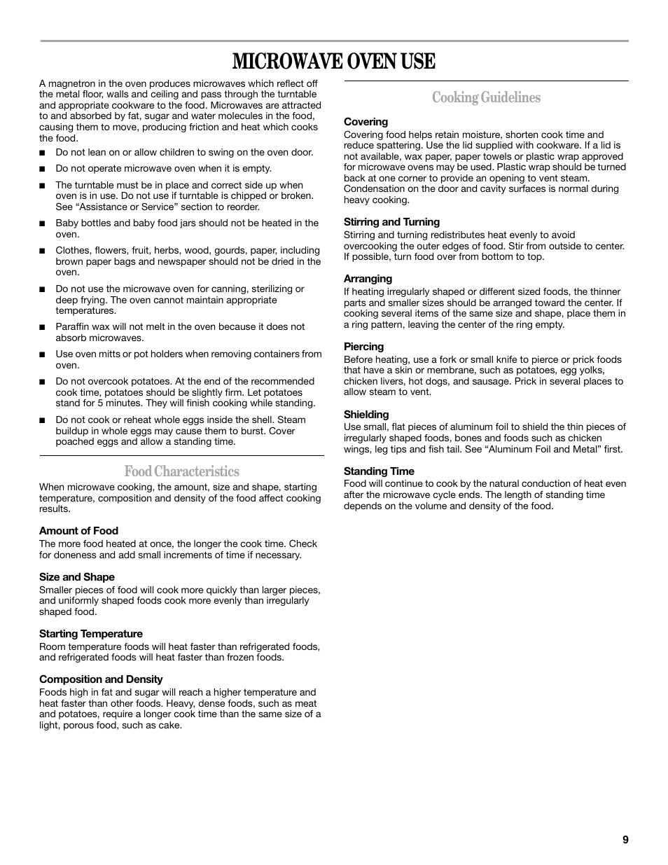 Microwave oven use, Food characteristics, Cooking guidelines | Whirlpool GH5184XP User Manual | Page 9 / 20