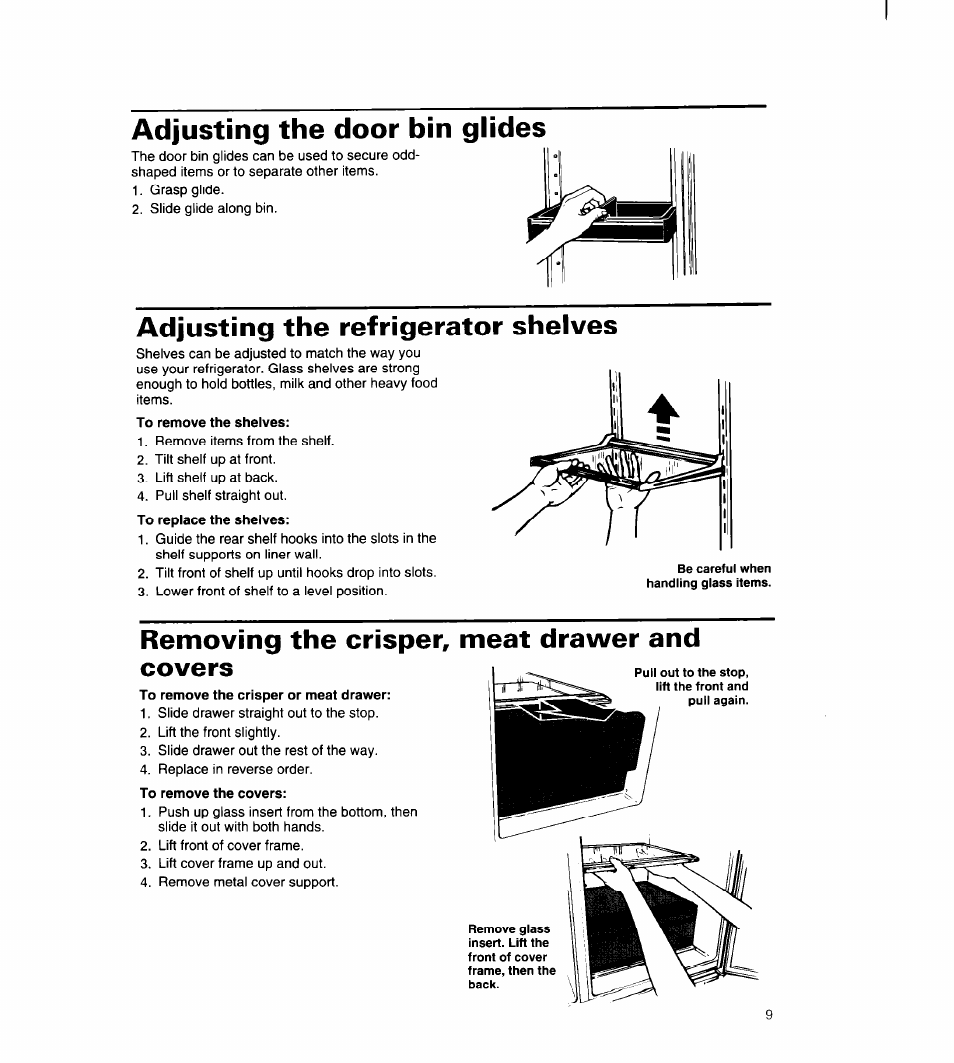 Adjusting the door bin glides, Adjusting the refrigerator shelves, Removing the crisper, meat drawer and covers | Whirlpool 8ED22PW User Manual | Page 10 / 25