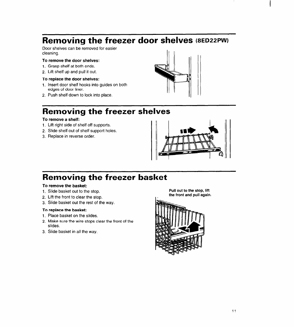 Removing the freezer door shelves (sed22pw), Removing the freezer shelves, Removing the freezer basket | Removing the freezer door shelves | Whirlpool 8ED22PW User Manual | Page 12 / 25