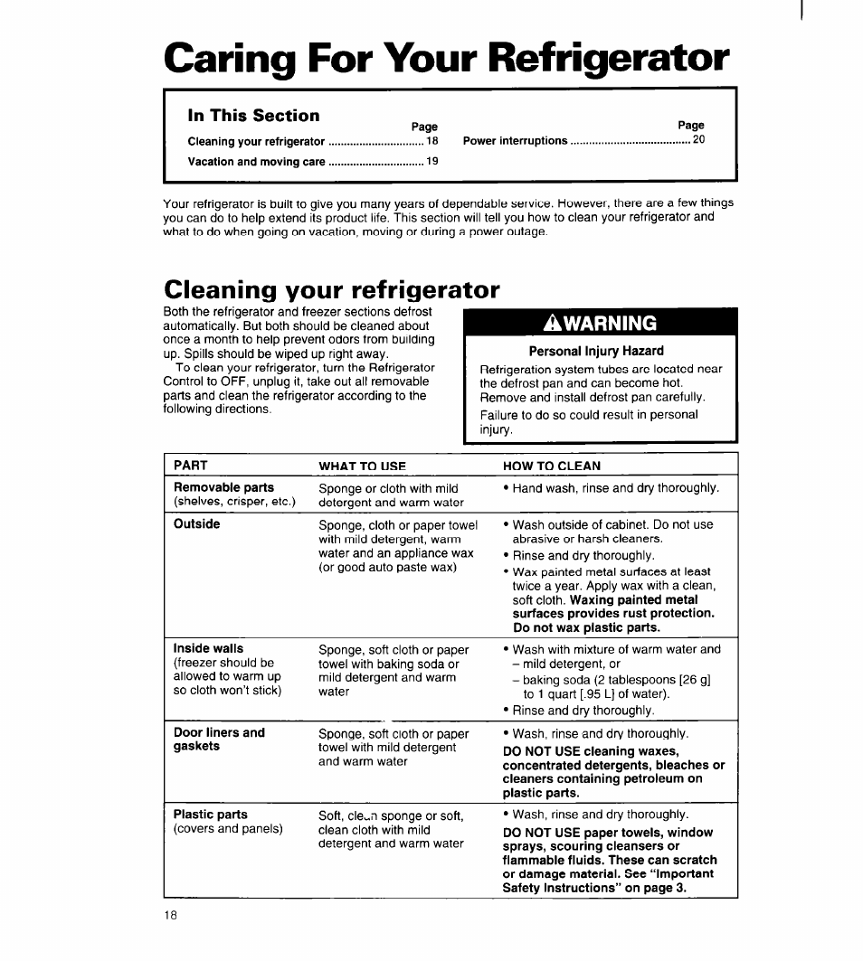 Caring for your refrigerator, Cleaning your refrigerator, Personal injury hazard | Awarning | Whirlpool 8ED22PW User Manual | Page 19 / 25