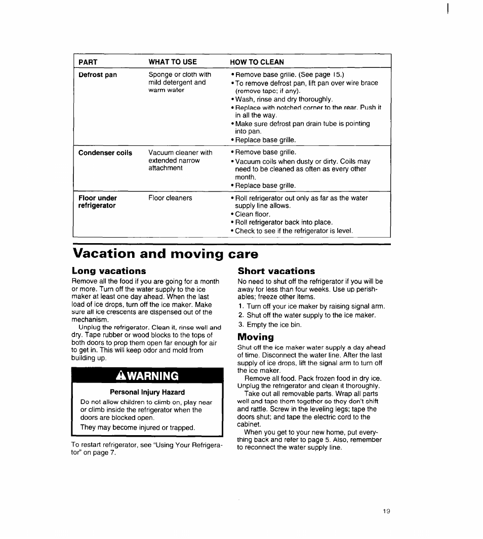 Vacation and moving care, Long vacations, Personal injury hazard | Short vacations, Moving, Warning | Whirlpool 8ED22PW User Manual | Page 20 / 25