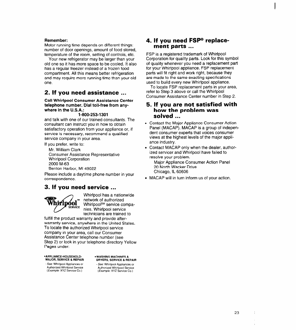 If you need assistance, If you need service, If you need fsp® replacement parts | Avhi'ilpdol, If you need fsp® replace­ ment parts | Whirlpool 8ED22PW User Manual | Page 24 / 25