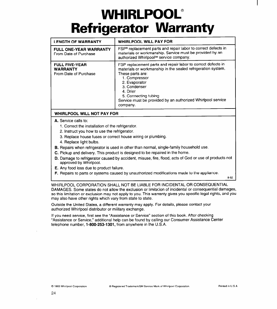 Whirlpool® refrigerator warranty | Whirlpool 8ED22PW User Manual | Page 25 / 25