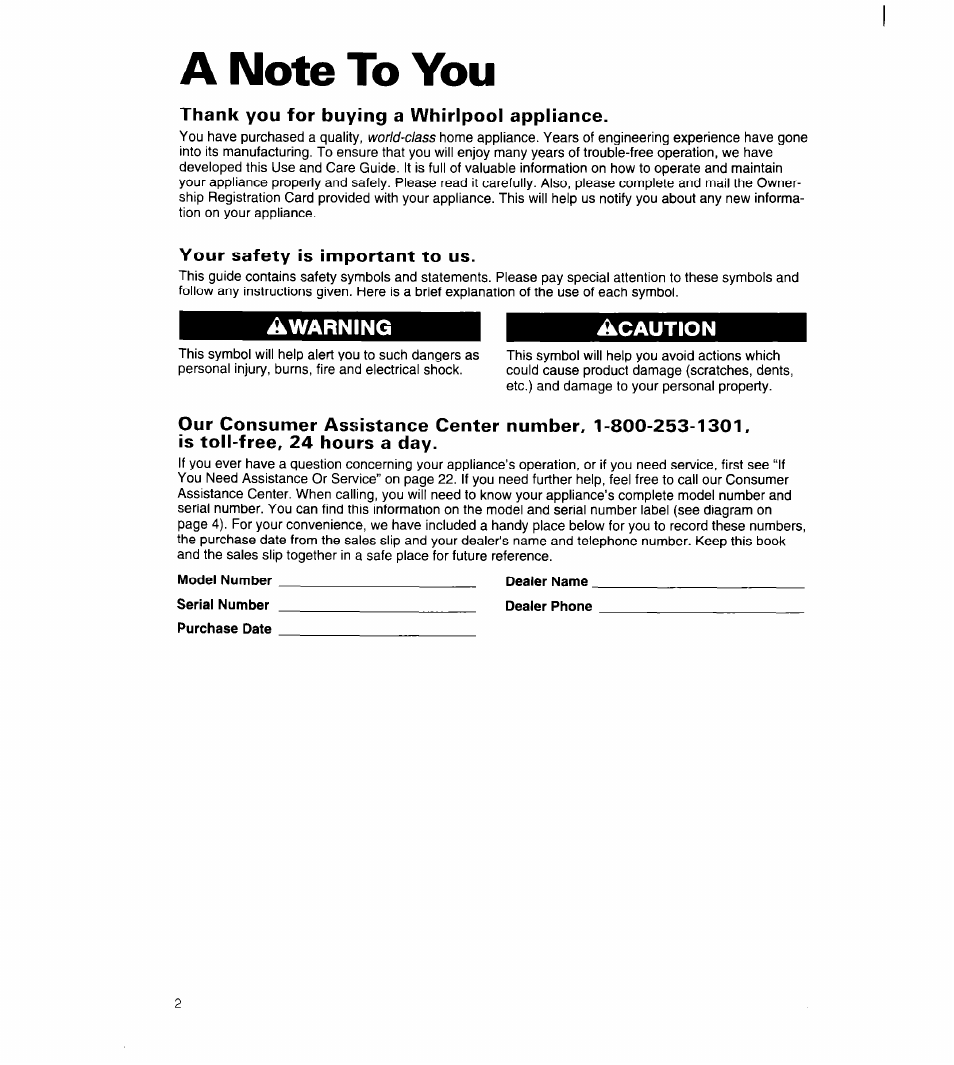 A note to you, Awarning, Acaution | Whirlpool 8ED22PW User Manual | Page 3 / 25