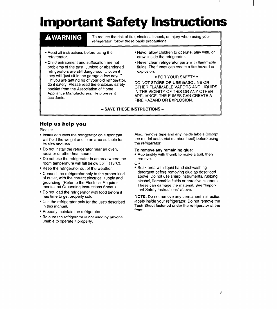 Important safety instructions, Help us help you, Warning | Whirlpool 8ED22PW User Manual | Page 4 / 25