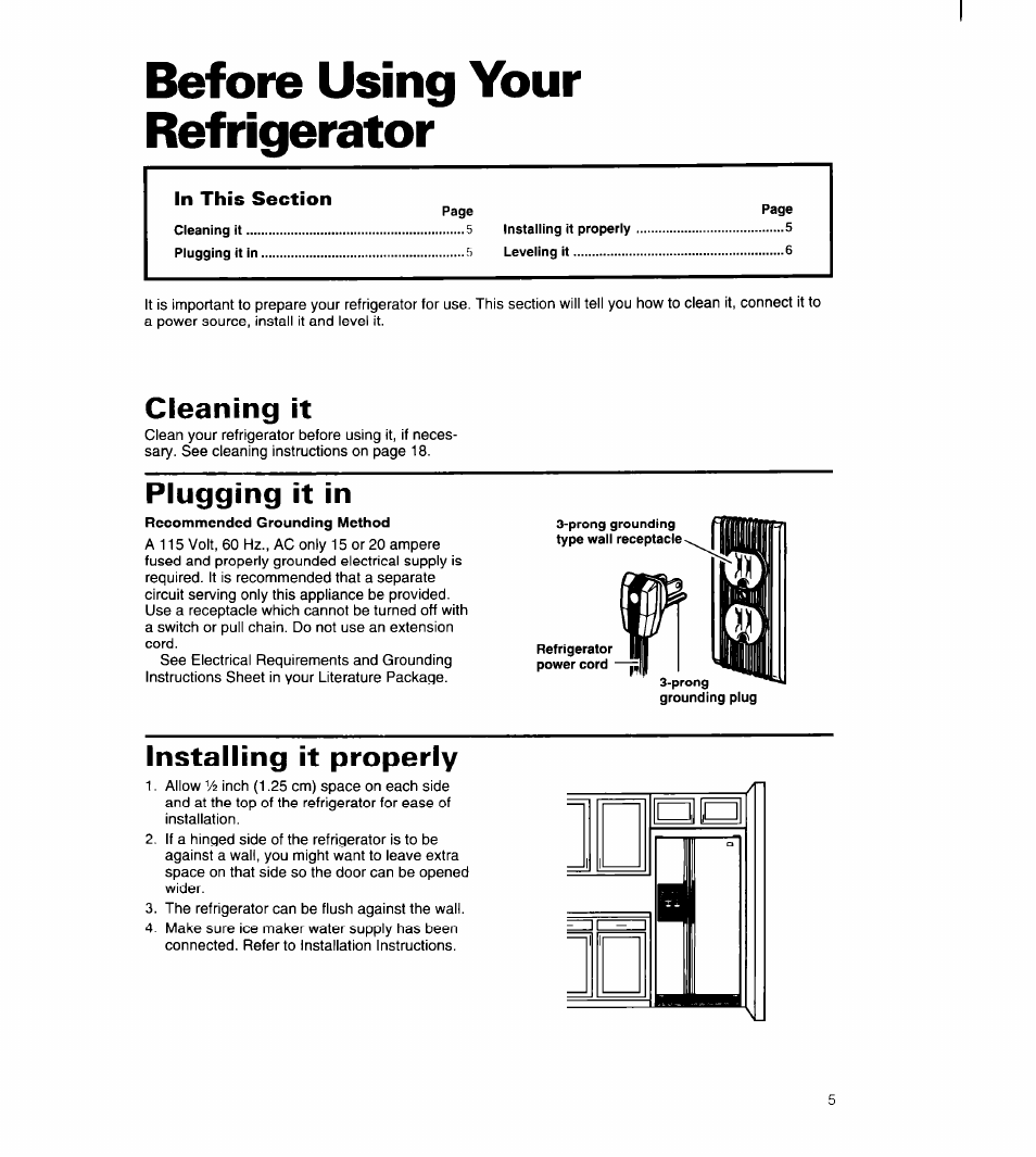 Before using your refrigerator, Cleaning it, Plugging it in | Installing it properly | Whirlpool 8ED22PW User Manual | Page 6 / 25