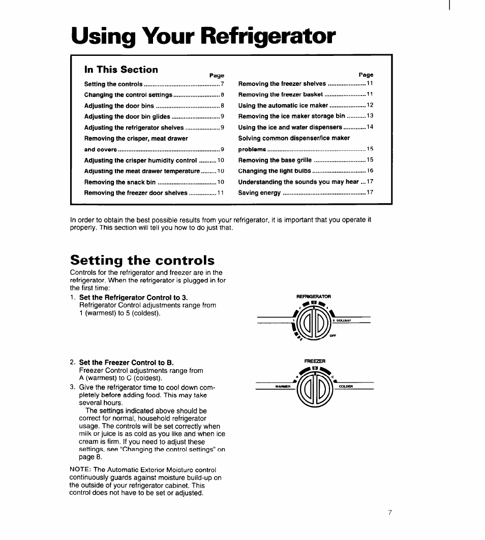 Using your refrigerator, Setting the controls | Whirlpool 8ED22PW User Manual | Page 8 / 25