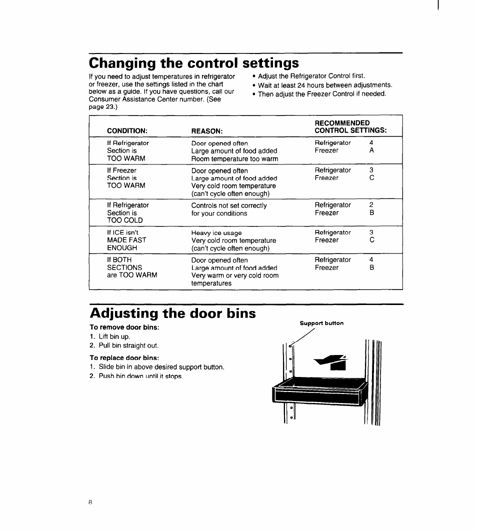 Changing the control settings, Adjusting the door bins, To remove door bins | Whirlpool 8ED22PW User Manual | Page 9 / 25