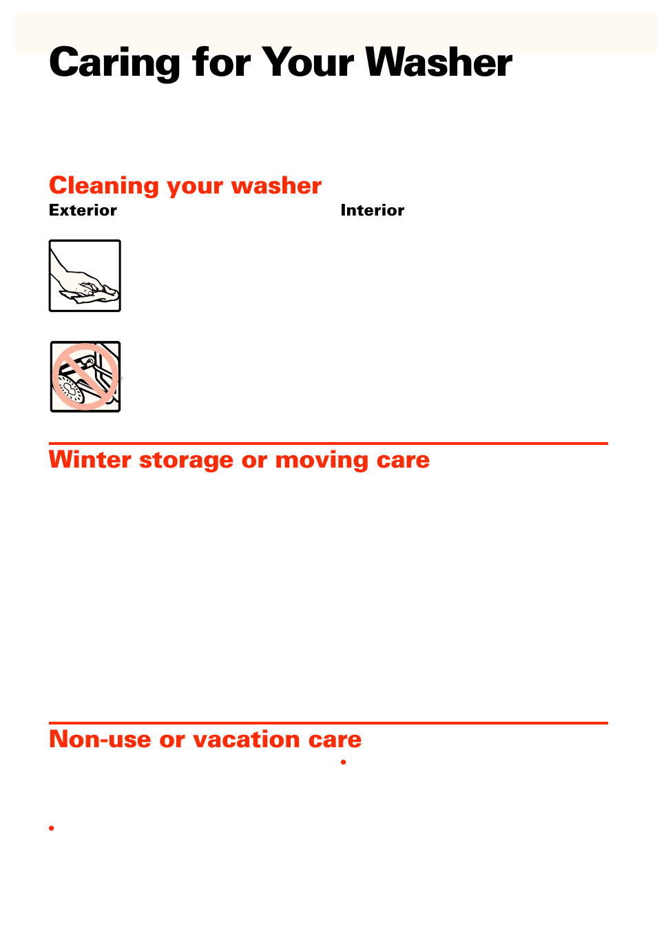 Caring for your washer, Cleaning your washer, Winter storage or moving care | Non-use or vacation care | Whirlpool 3950306 User Manual | Page 11 / 24